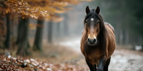 Brown horse walks along a misty forest path surrounded by autumn foliage in early morning light