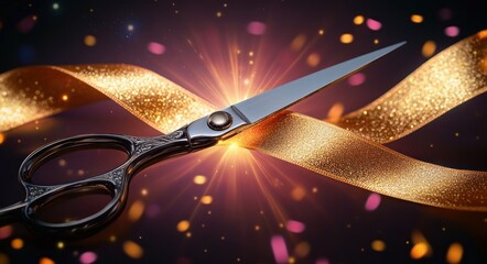 ornate silver scissors cutting a sparkling gold glitter ribbon with glowing light and colorful confetti in the background