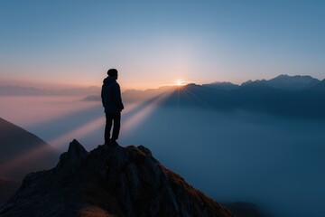 A man stands on a mountain top, looking out at the horizon. The sky is a beautiful mix of orange and blue, and the sun is setting in the distance. The man is lost in thought