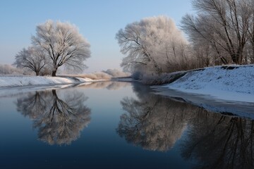 A snowy landscape with a river and two trees. The water is calm and the trees are bare