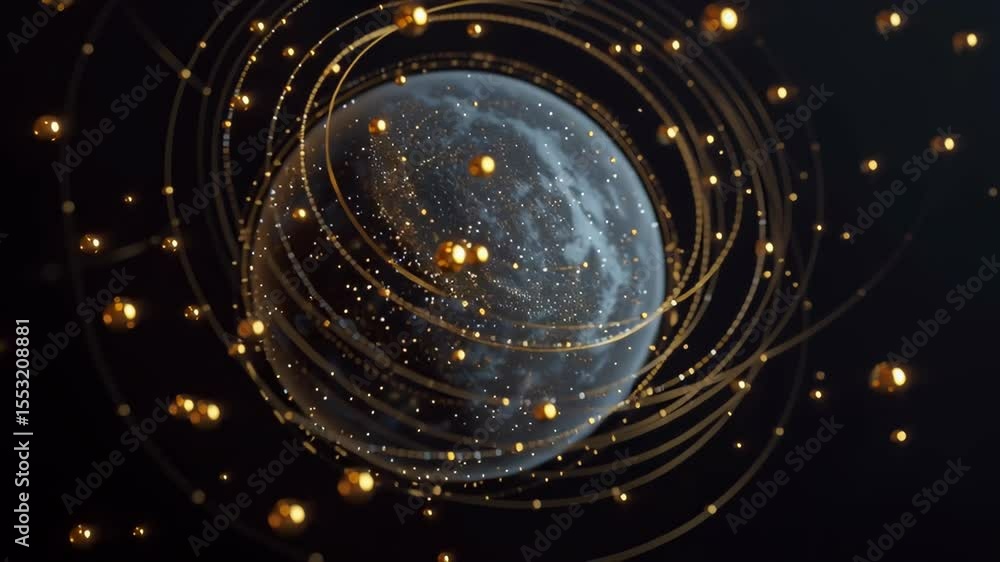Poster close-up of floating metallic spheres orbiting in a data-driven cosmic environment