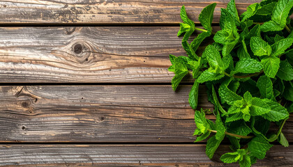 Fresh mint sprigs lying on a rustic wooden surface