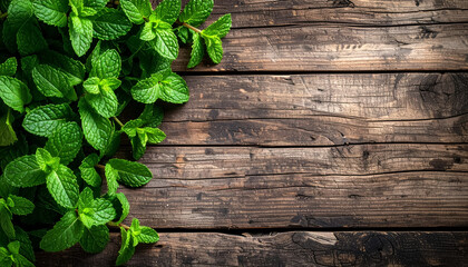 Fresh mint sprigs lying on a rustic wooden surface