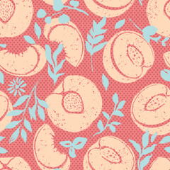 Peaches Fruit Slices with Botanicals Vector Seamless Pattern