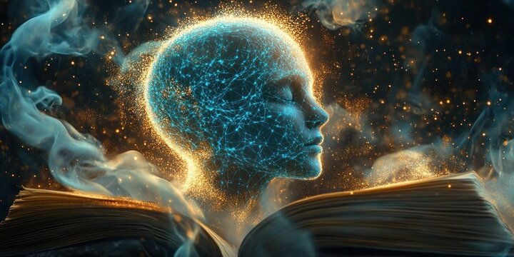 Glowing digital human head with neural network connections emerging from an open book surrounded by swirling smoke and golden particles symbolizing knowledge and enlightenment