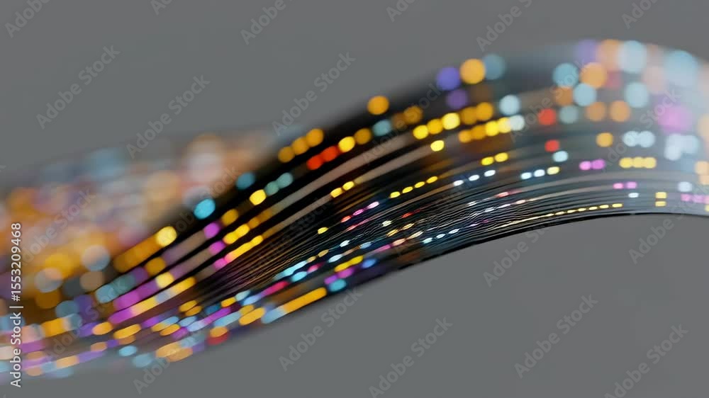 Poster close-up of flowing digital code across curved oled screen with colorful lights and patterns