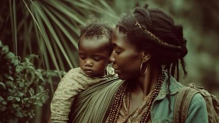 Mother and Child Serenity: A tender scene of maternal love unfolds in a natural setting, as a mother cradles her child, both surrounded by lush foliage.