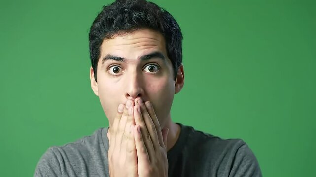Shocked man with hands on mouth in green screen studio