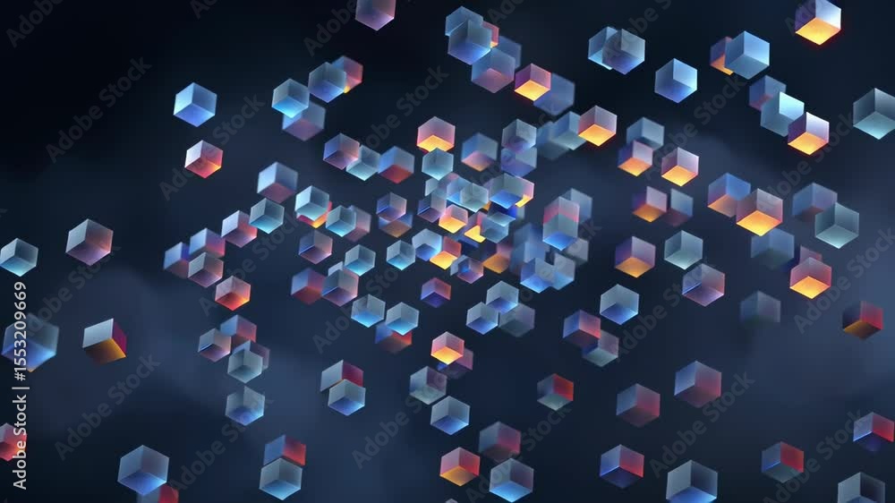 Poster Floating Holographic Data Packets Visualized in a Dynamic and Colorful Abstract Style