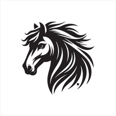 Stylized black and white horse head illustration, elegant equine profile, flowing mane.