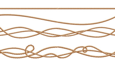 3d realistic fiber ropes - straight and tied up. jute or hemp twisted cords with loops