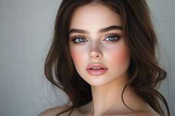 Obraz premium Portrait of a young woman with striking blue eyes, full lips, natural freckles, and long wavy brown hair against a neutral background, expressing calm confidence