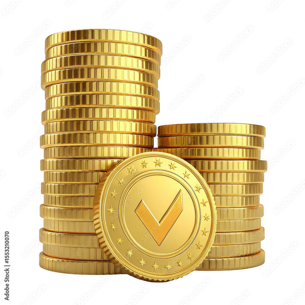 Poster 3d realistic gold coin stacks with checkmark isolated on transparent background