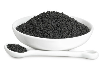 Nigella sativa or Black cumin in ceramic bowl isolated on white background