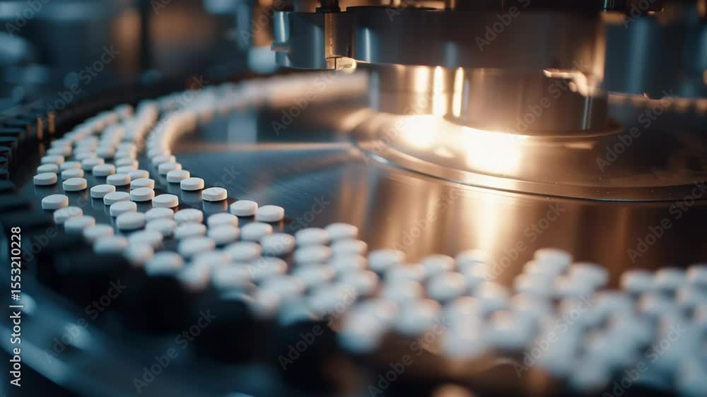 Poster automated pill sorting carousel in production process close-up view