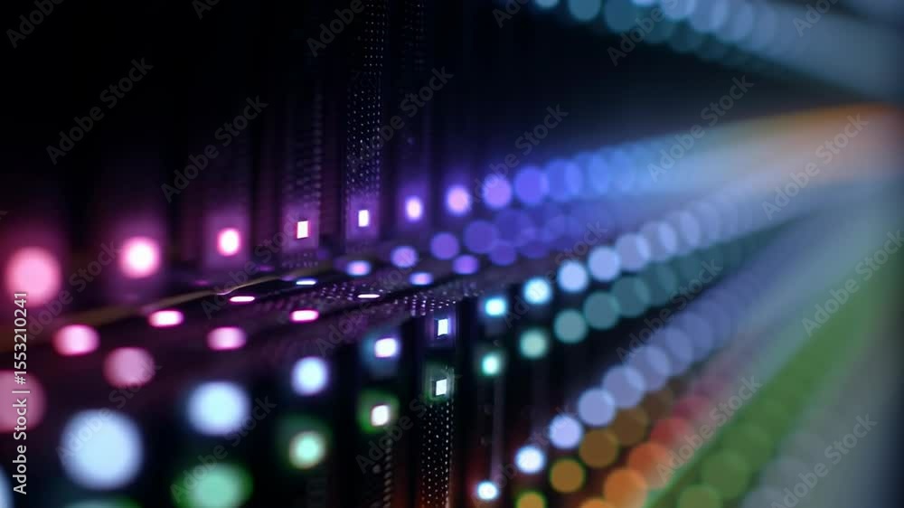 Poster Close-Up of Blinking LEDs on a Server Blade Array with Colorful Light Patterns