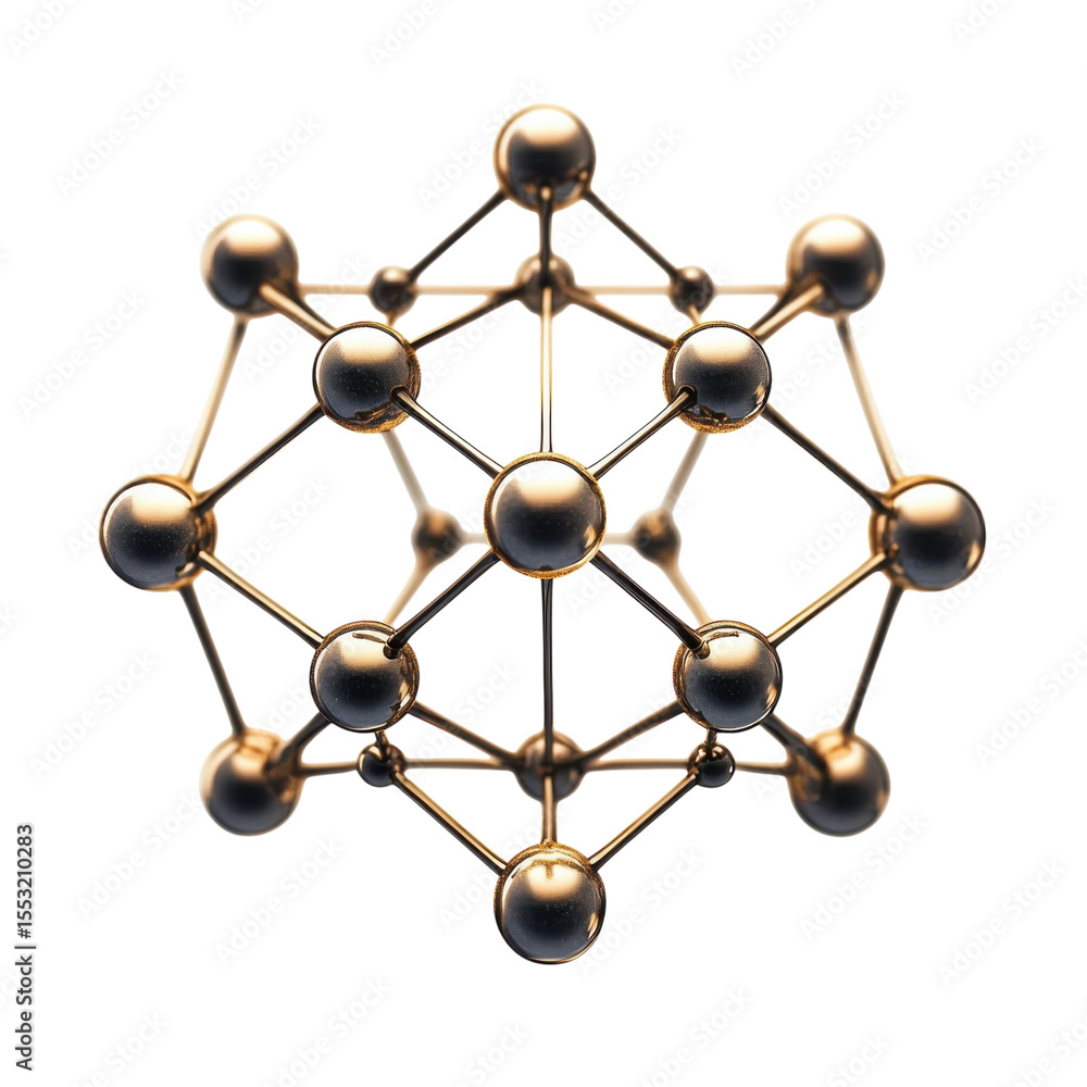 Poster 3d golden sphere and line interconnected network atomic structure on transparent background