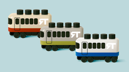 Three Colorful Toy Trains on Blue Background in Minimalist 3D Design