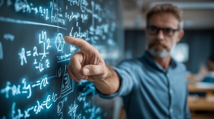 Teacher Using Digital Math Formula Interface in Modern Classroom