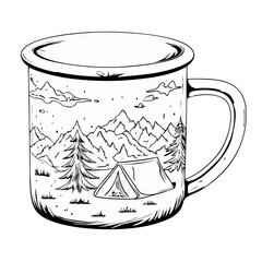 Camping mug with mountain and tent design sketch