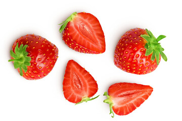 Strawberry half isolated on white background. Fresh berry with depth of field. Top view. Flat lay.