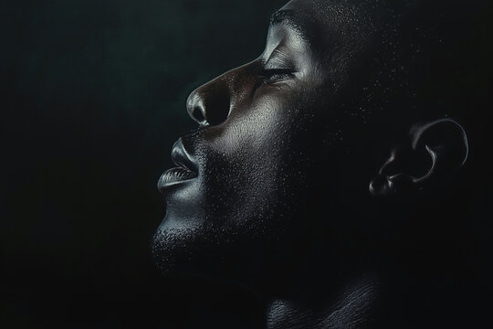 Beautiful side profile of African American man with closed eyes, highlighting facial features. Emphasizing soft light and shadows, creating dramatic effect