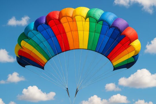 Vibrant parachute gracefully descends under a clear blue sky. Bright colors create a cheerful, adventurous feeling.