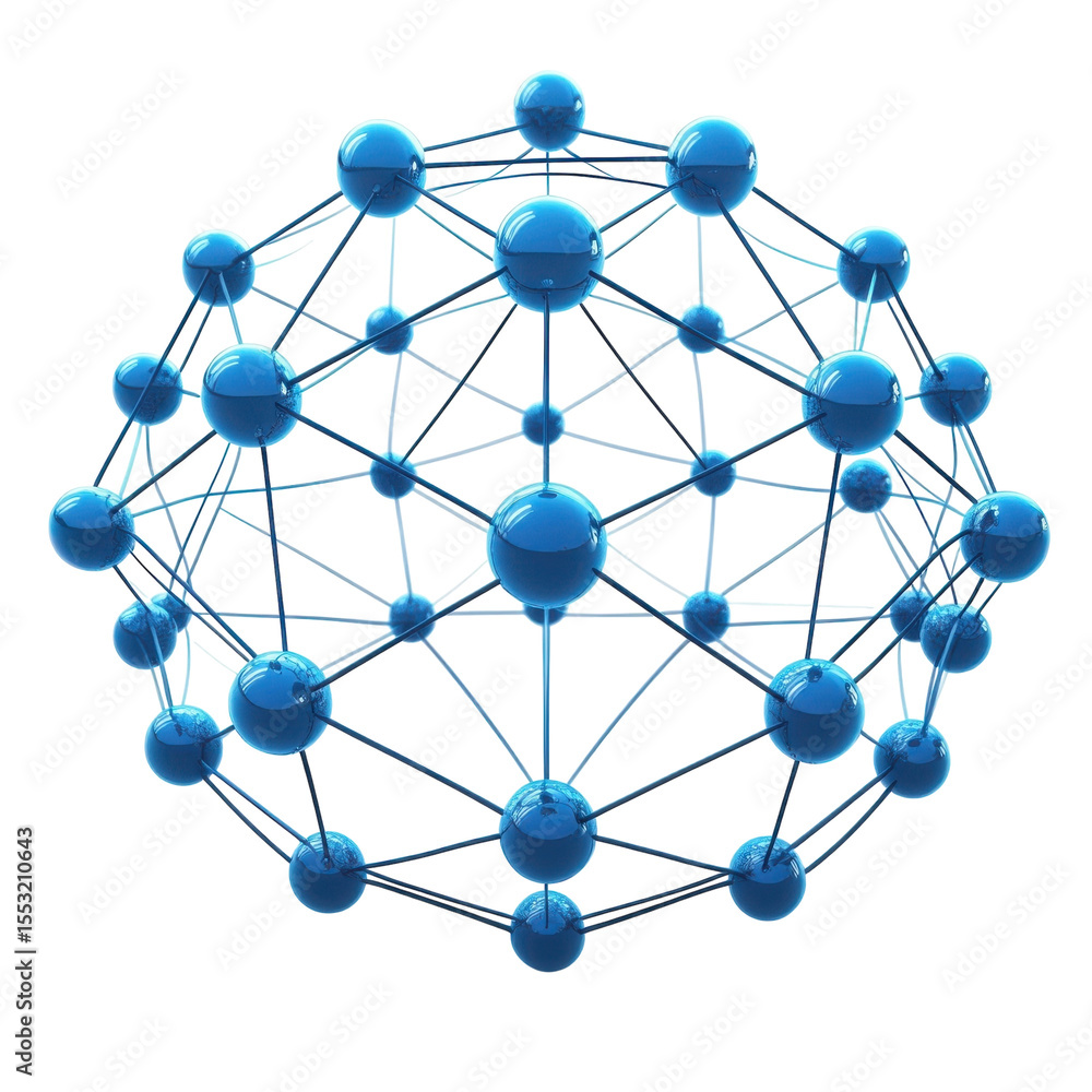 Poster abstract spherical structure blue balls atom molecule connectivity network on transparent background