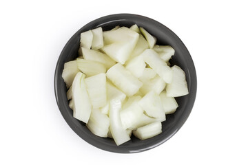 Onion slices in a ceramic bowl isolated on a white background. Top view. Flat lay.