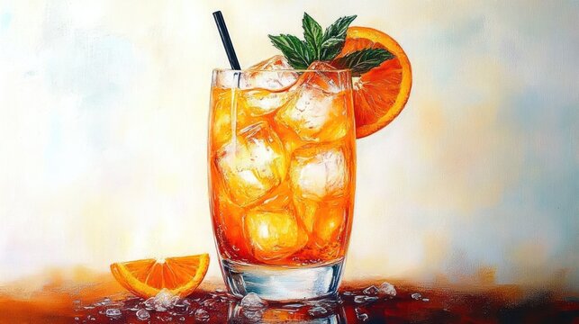 Refreshing orange iced drink in a tall glass garnished with a mint sprig and orange slice on a reflective surface with scattered ice cubes
