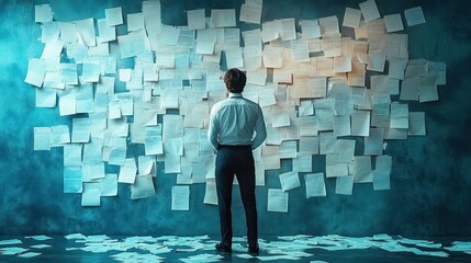 Man in formal clothing standing and analyzing numerous documents pasted on a blue wall with scattered papers on the floor expressing deep concentration and contemplation
