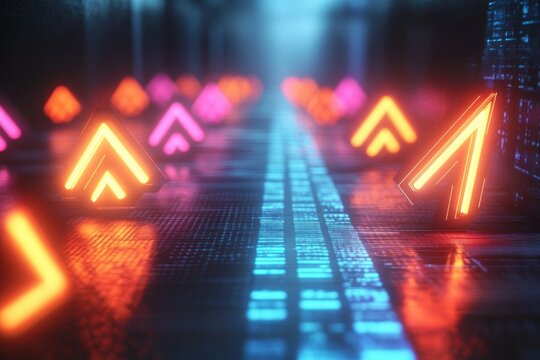 Glowing orange and pink triangular neon arrows aligned on a reflective digital circuit board surface emitting a futuristic cyber technology vibe - Powered by Adobe