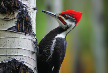 Photograph of a pileated woodpecker with a red crest on its head