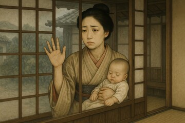 Worried Japanese mother cradles her sleeping baby by a window. Traditional home setting evokes a sense of anticipation and hope. Postpartum depression.