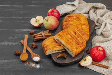 Autumn apple pie. Homemade baking, sweet dessert, ripe fruits and cinnamon. Comfort food concept
