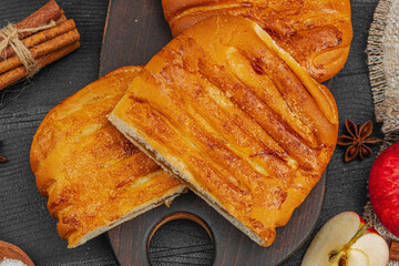 Autumn apple pie. Homemade baking, sweet dessert, ripe fruits and cinnamon. Comfort food concept