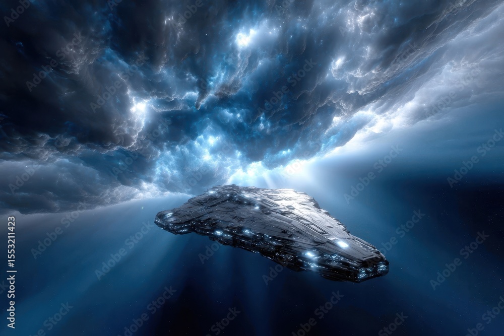 Poster spaceship navigating through dramatic cosmic clouds and light beams in deep space