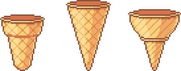 Pixel art illustration of three empty waffle cones for ice cream. Classic cone types in retro pixel style. Vector illustration set.