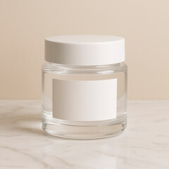 Clear Acrylic Jar with White Lid on Marble – Modern Cosmetic Packaging Mockup
