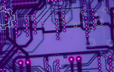Pattern Of Blue PCB With Mechanical Draw Design of Cogwheels in Print Circuit Style. Cyberspace and Artificial Intelligence Illustrative Stock Image  