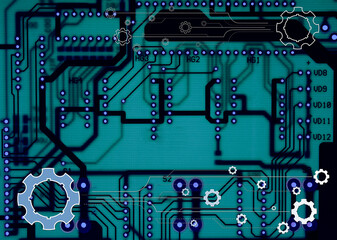 ariety Gears Silhouettes and Outlines over Blue Translucent Electronic Board. Computer Technology and Electronics Manufacture Illustration Image