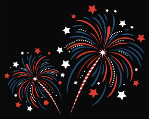 colorful fireworks display with red, white, and blue bursts and stars on black background celebrating independence day or festive event