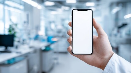 doctor's hand holds smartphone with white screen against laboratory, mock up, copy space