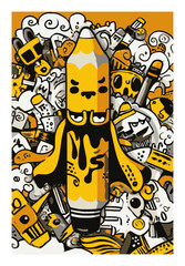 Fototapeta premium Fun and Colorful Doodle Illustration of a Pencil Surrounded by Creative Elements