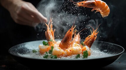 Gourmet shrimp dish with steam rising as salt is sprinkled over the prawns on a black plate, garnished with green herbs