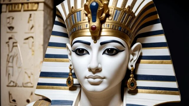 Detailed close-up of a sarcophagus mask with ornate headdress and gold jewelry, set against a dark, neutral background with carved stone.