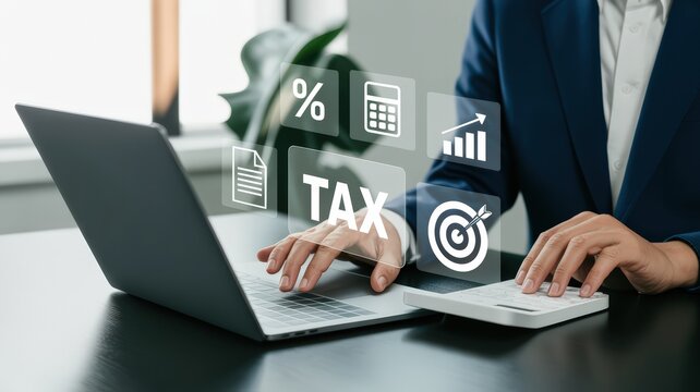 This photograph captures a business professional, wearing a dark blue suit, working on a silver laptop at a modern office desk. The background features a blurred window and a potted plant. - Powered by Adobe