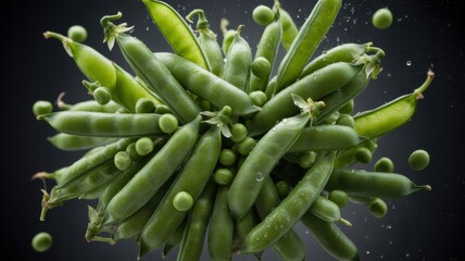 Fresh green peas cluster with water droplets on a dark background