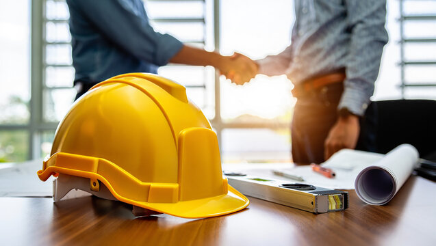 Construction professionals shaking hands over blueprints with yellow hard hat and level on desk