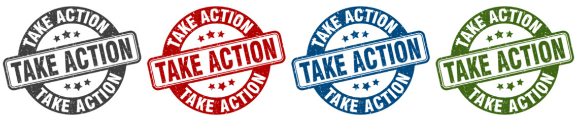 take action stamp. take action round stamp set isolated on white background